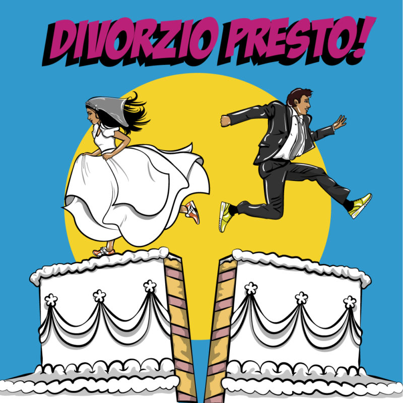 Divorzio Presto illustrazione, diana petrarca, illustration, sposi, torta, azzurro, giallo, divorzio, matrimonio