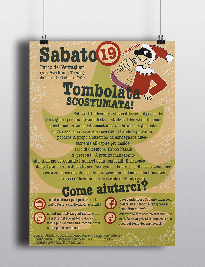 Tombolata Scostumata Locandina, poster, diana petrarca, graphic design, tombola, natale, pulcinella, numeri, gioco, festa, parco